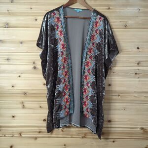 April Sky Kimono Womens Large Brown Velour Embroidered Short Sleeve Boho Fest